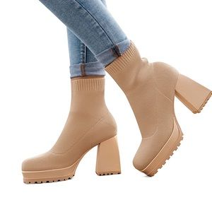 Platform Sock Ankle Boots Square Toe Chunky Block Heel Elastic Knit Slip On